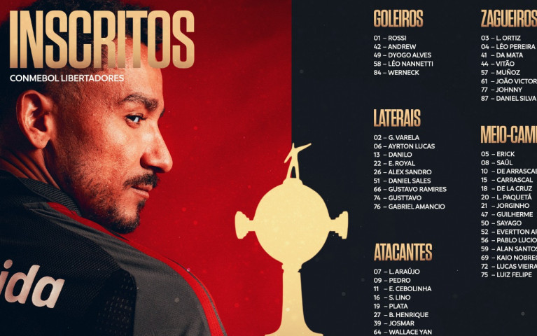 Confira os jogadores do Flamengo inscritos na CONMEBOL Libertadores 2026
